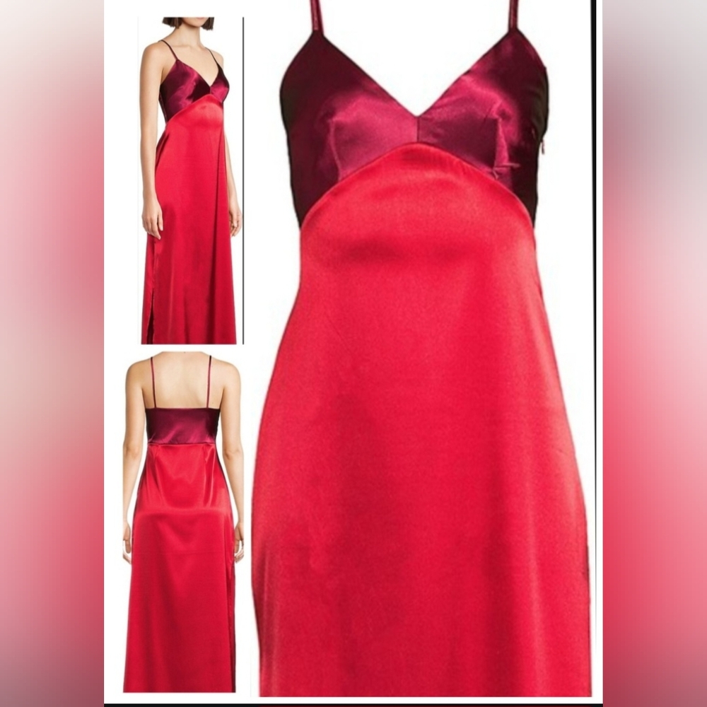 Nwdft THE FASHION POET Colorblock Side Slit Dress Slip Gown Satin Scarlett Wine